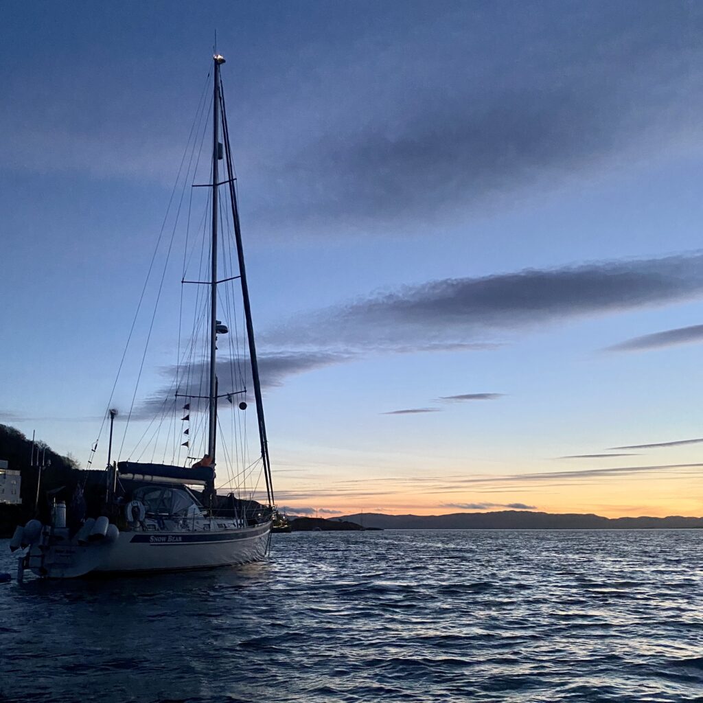 Snow Bear anchored and a sunset